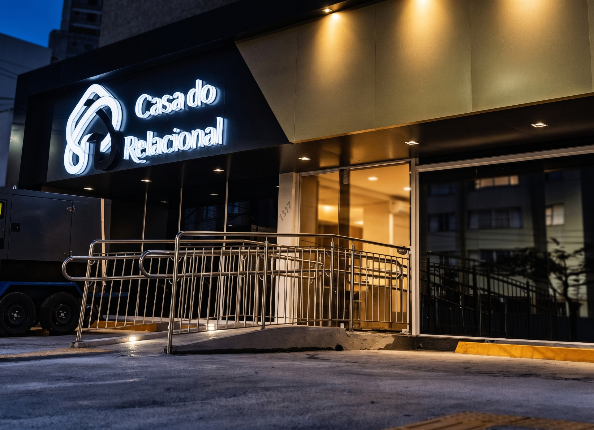 Fachada da Casa do Relacional em Goiânia, com logo iluminado na entrada à noite